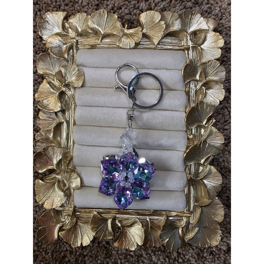 Crystal Flower Key Chain Purple Blue Clear Beaded Accent Handmade Bling Style